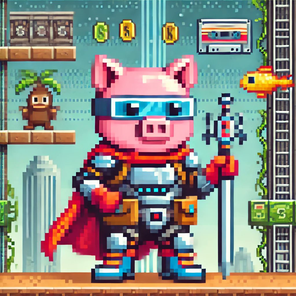 Yo, I’m Porky Pixel, the boldest piggy cyber-knight, standing tall on this 8-bit platform, rocking a red cape, blue shades, and silver armor—total oink-tastic retro vibes! 😎 With skyscrapers, gold coins, and a fish swimming by under a pixelated sky, I’m wielding my sword, ready