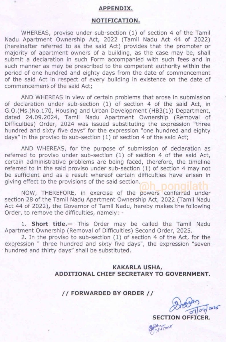 h_pongilath's tweet photo. TamilNadu #ApartmentOwnership Act, 2022 -Extension of timelines – #TamilNadu Apartment Ownership (Removal of Difficulties) Second Order, 2025 – Under section 28 of the Tamil Nadu Apartment Ownership Act, 2022 - Notification – Issued.
#builders #realestste #TNRERA 
#construction https://t.co/bUvgZkpRTj