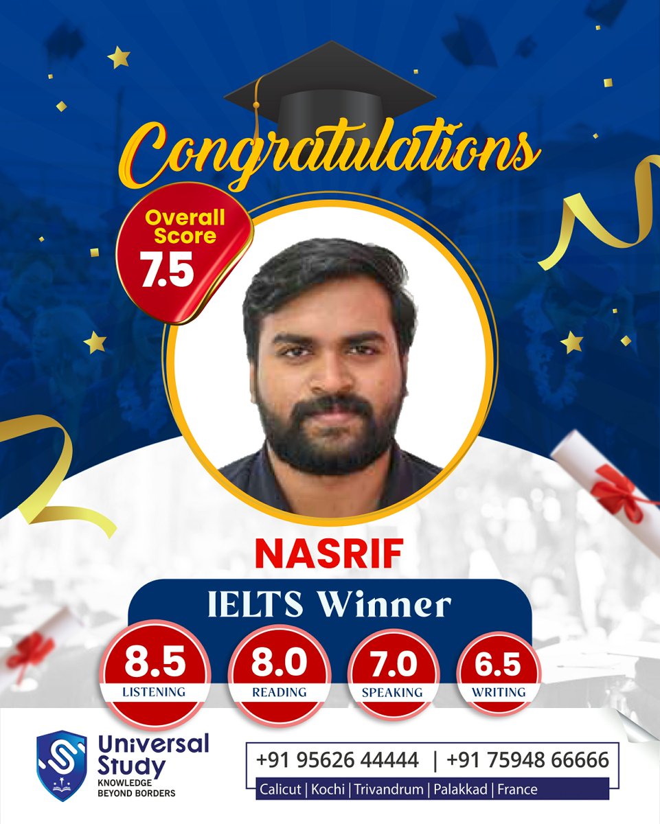Study79364Study's tweet image. Big congratulations to Nasrif for scoring an impressive 7.5 overall in the IELTS! 🏆
Contact Us On:
+91 95626 44444
+91 75948 66666

🌐universalstudy.net
📩 info@universalstudy.net

#UniversalStudy #languagestudio #IELTSWinner #IELTSSuccess #StudyAbroad #IELTSScore