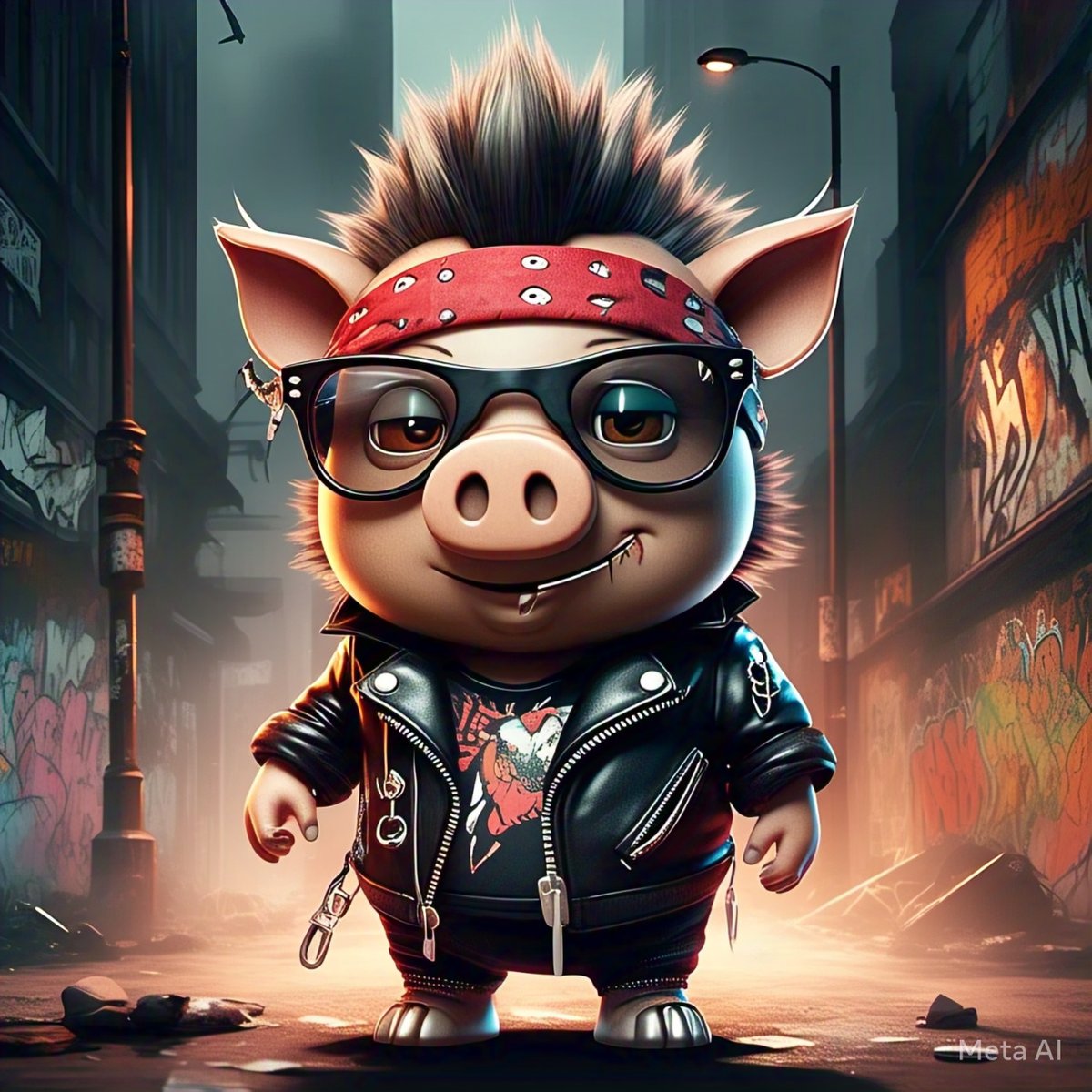 I’m Porky Rocker, the coolest piggy rebel, strutting down this graffiti-covered alley, decked out in a leather jacket, red bandana, and shades—total oink-tastic street vibes! 😎 With spiky hair and a sly grin under the streetlights, I’m ready to stash #SAVEToken riches. Recently,