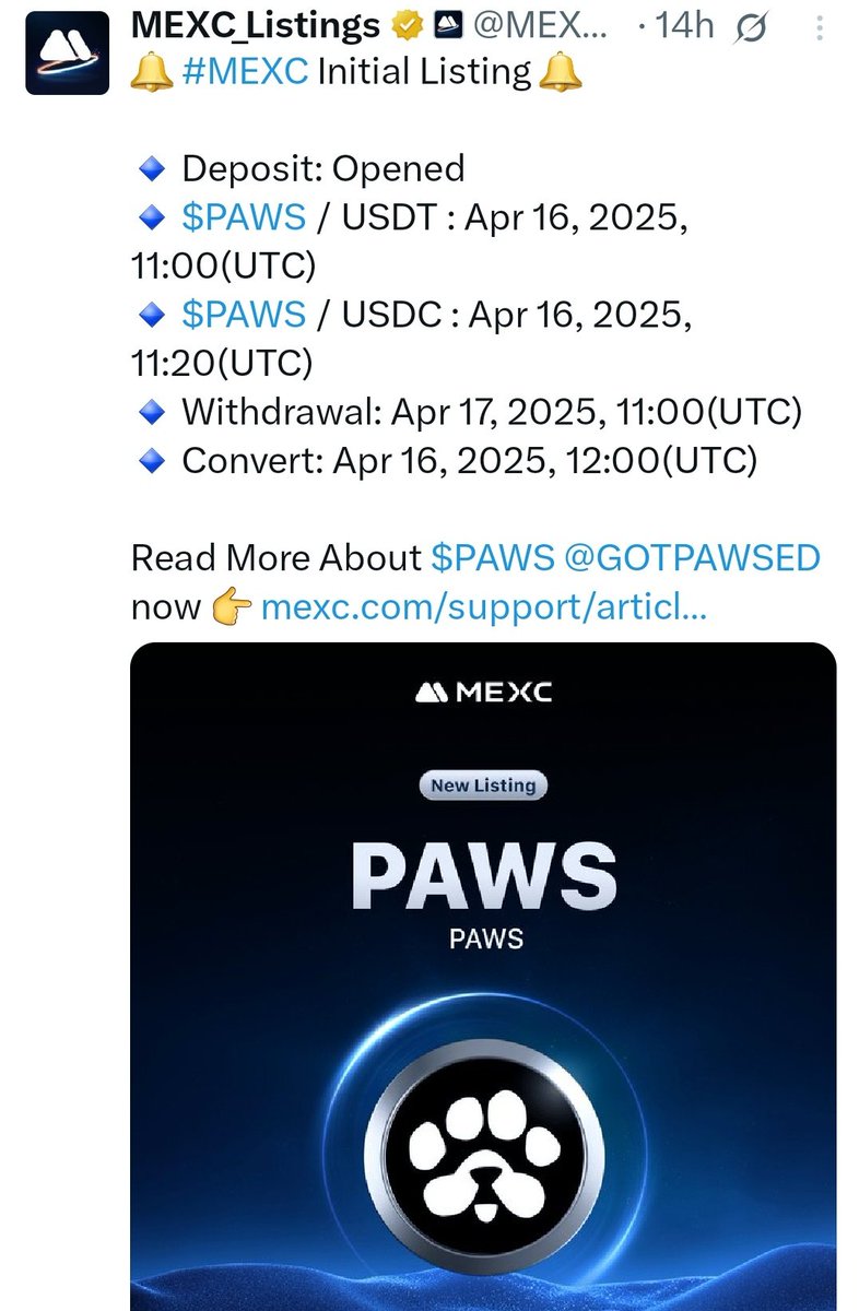 FreeAirdrops099's tweet image. $PAWS Airdrop Update 🐾

Follow for more updates
t.me/FreeAirdrops099

- 🐾 Listing time: April 16, 11:00AM UTC.

List On Bybit,KuCoin,MEXC 🧨

❤️ Like 🔁 Repost
#Paws #pawsupdate #Airdrop #Update #Listing #PawsOnBinance #pawsAirdrop