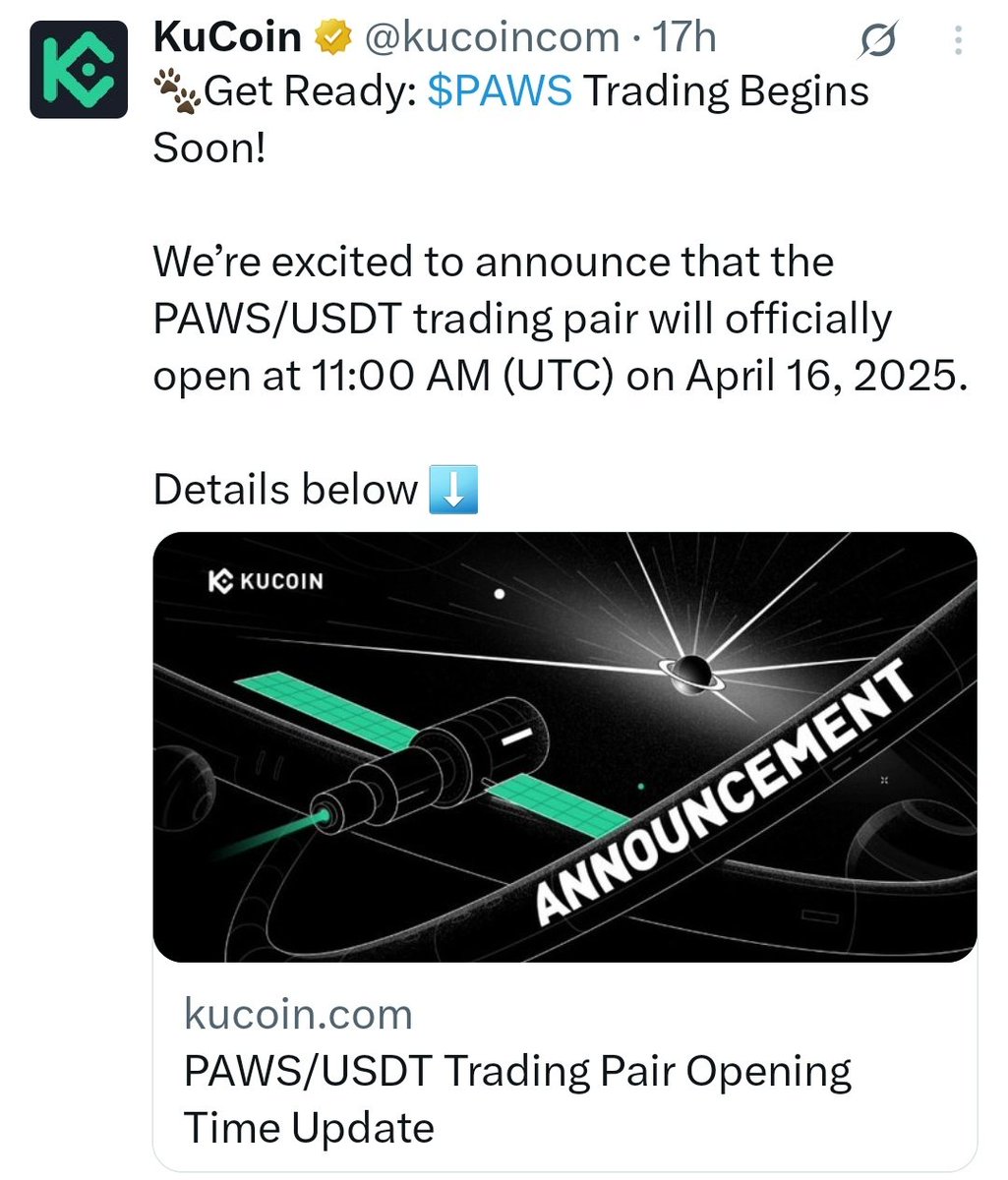 FreeAirdrops099's tweet image. $PAWS Airdrop Update 🐾

Follow for more updates
t.me/FreeAirdrops099

- 🐾 Listing time: April 16, 11:00AM UTC.

List On Bybit,KuCoin,MEXC 🧨

❤️ Like 🔁 Repost
#Paws #pawsupdate #Airdrop #Update #Listing #PawsOnBinance #pawsAirdrop
