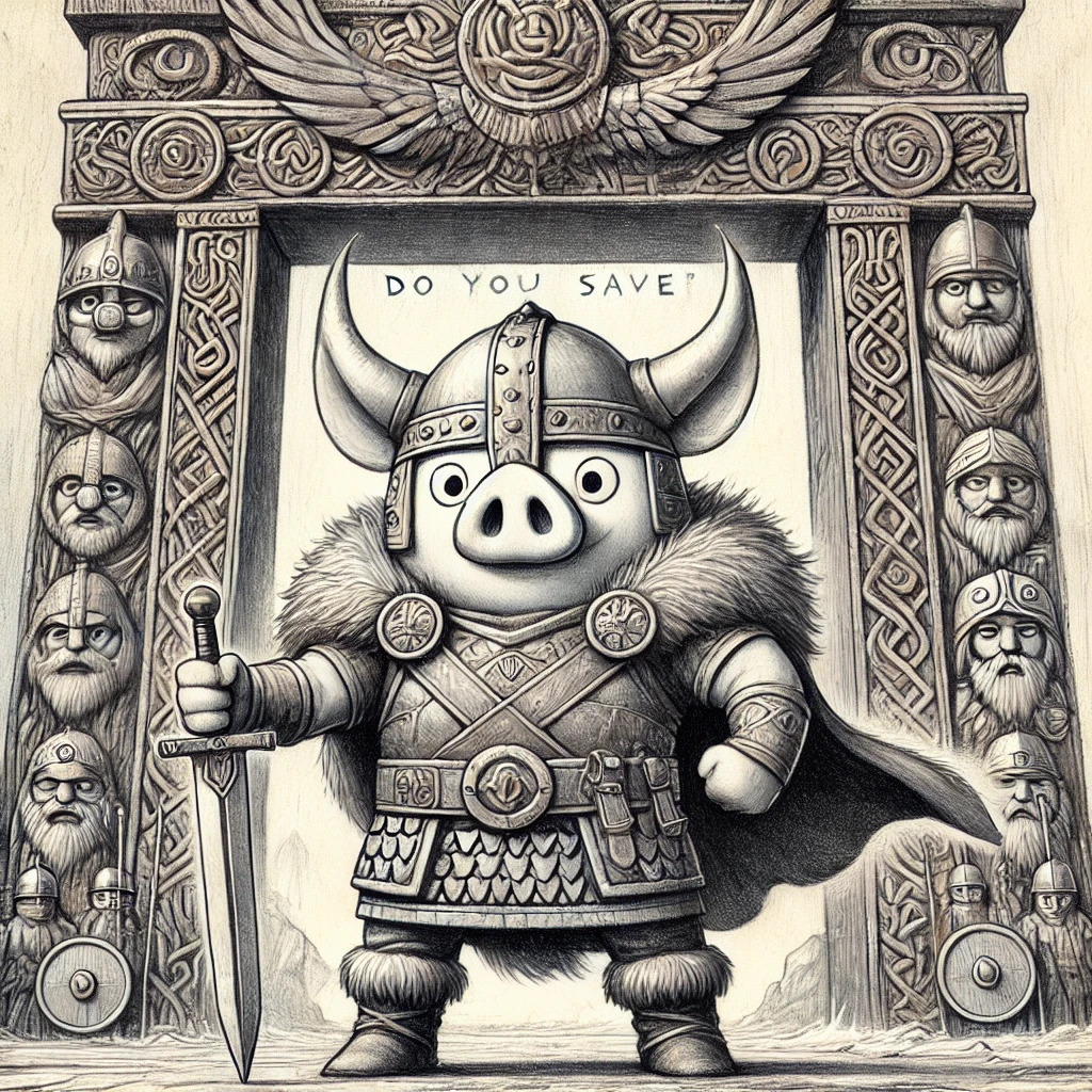 I’m Porky Guardian, the bravest piggy sentinel, standing tall before this ancient stone archway, clad in a horned helmet and fur cloak—total oink-tastic sentinel vibes! 😎 With intricate carvings and “Do You SAVE?” etched above, I’m gripping my sword, ready to protect #SAVEToken