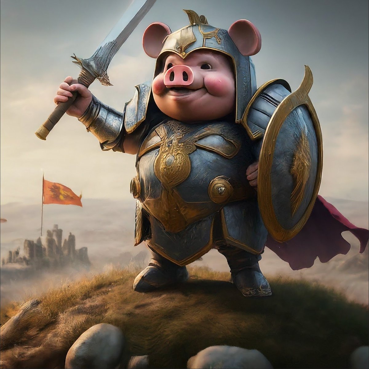 Yo, I’m Porky Knight, the noblest piggy paladin, standing tall on this misty hilltop, rocking shining armor and a red cape—total oink-tastic heroic vibes! 😎 With my sword raised high and shield gleaming under a distant castle and flag, I’m ready to defend #SAVEToken riches. Last