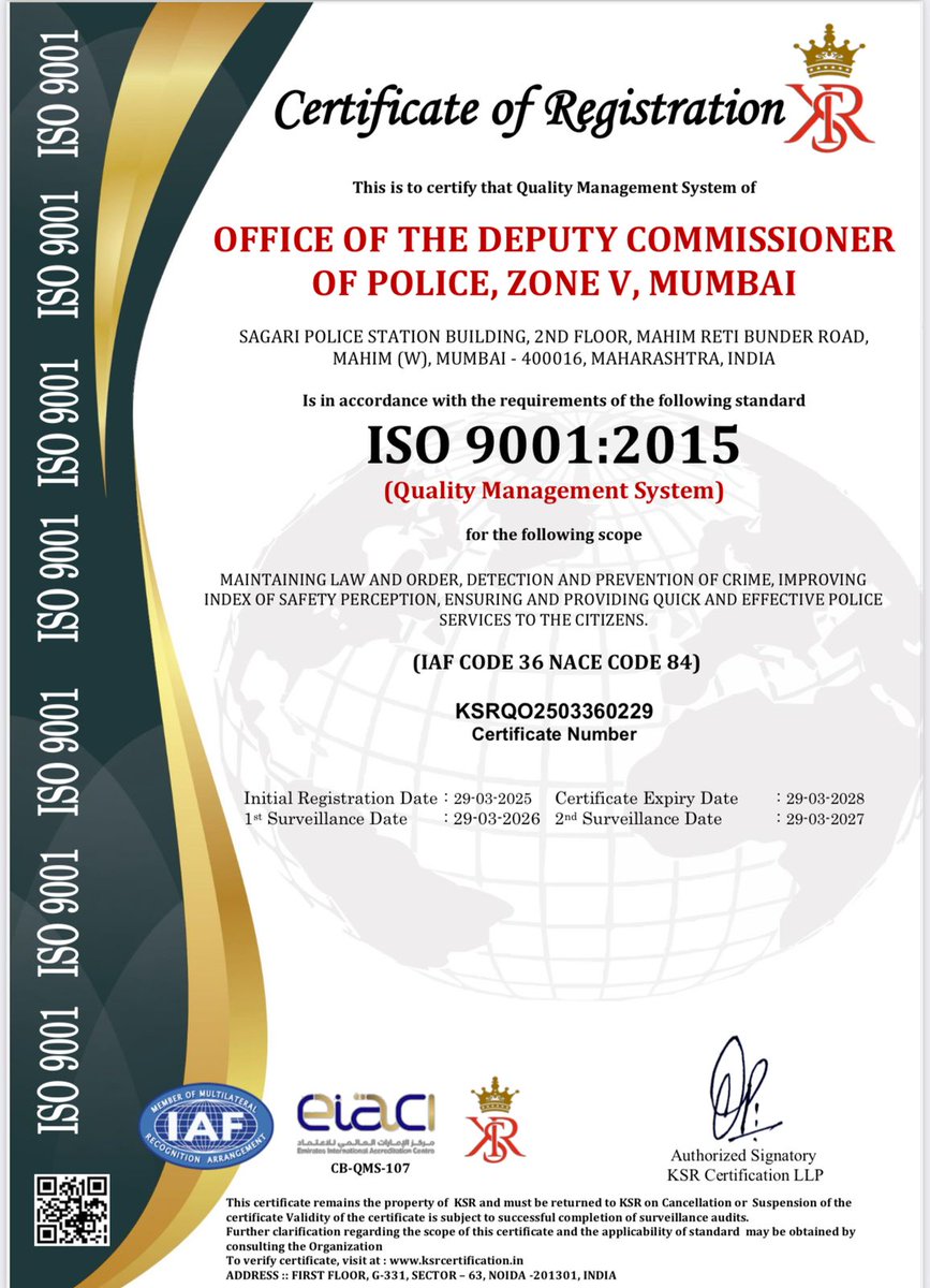 DcpZone5Mumbai's tweet photo. During Hon'ble CM sir's 100 days action plan DCP Zone 5 office and ACP Offices Dadar, Mahim, Kurla Division and Police Stations Dadar, Shivaji Park, Mahim, Shahu Nagar, Dharavi, Kurla, Vinoba Bhave Nagar have been awarded ISO 9001:2015 certificate. https://t.co/WFq7fp92XZ