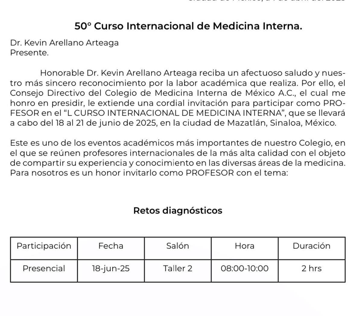rapidoclinico's tweet photo. Agradezco al @CMIMorg la honrosa invitación para coordinar el Concurso Nacional de Retos Diagnósticos en Medicina Interna en Mazatlán. Un privilegio contribuir a este importante evento académico. ¡Allá nos vemos! https://t.co/jrDv93f5yc