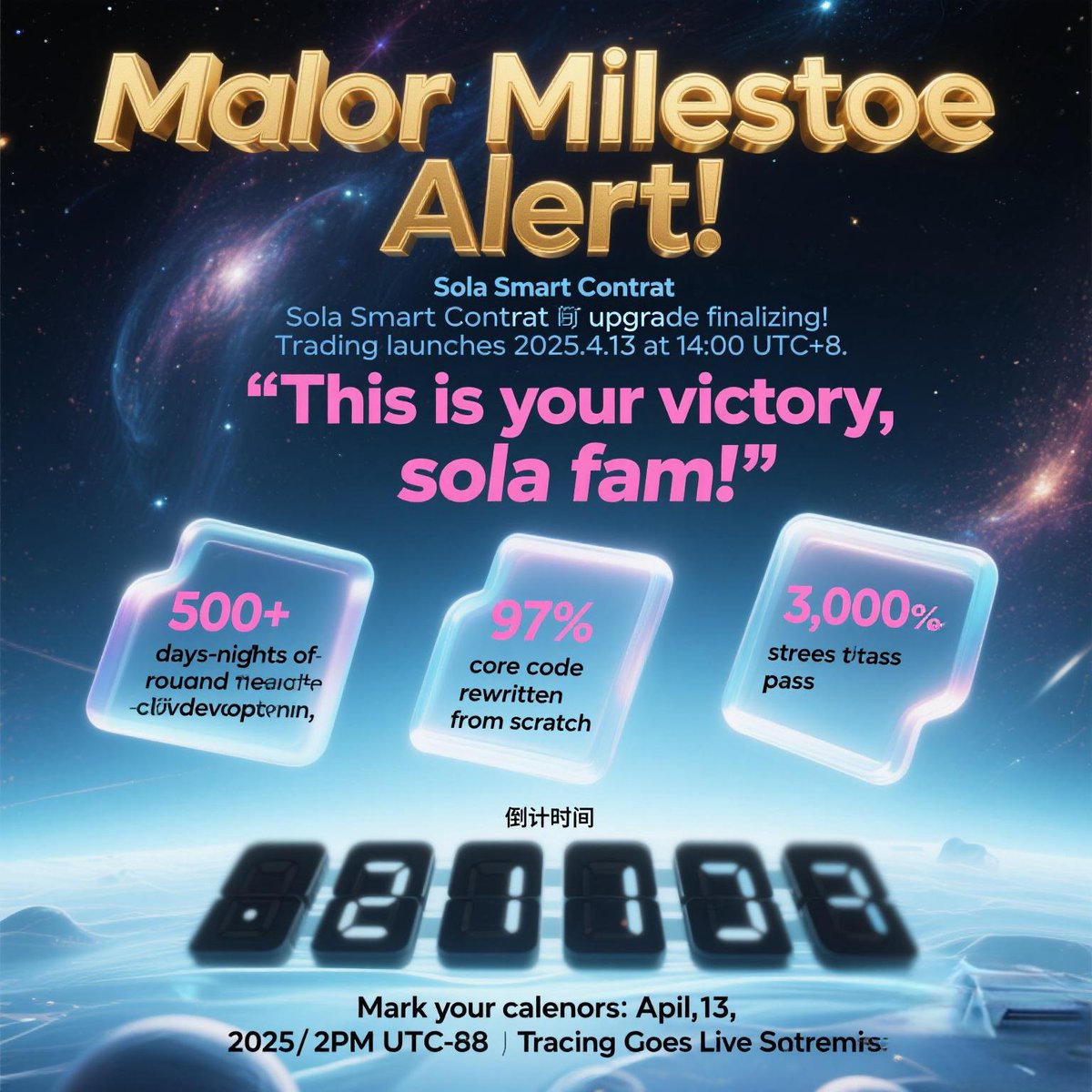 Solacoin_News's tweet photo. 🚀【Major Milestone Alert】Sola Smart Contract upgrade FINALIZING! Trading launches 2025.4.13 at 14:00 UTC+8.

🔥 18+ days/nights of round-the-clock development  
🔥 97% core code rewritten from scratch  
🔥 3,000+ stress tests passed  
This is your victory, sola fam!
#Sola https://t.co/aaSOsiSLo9