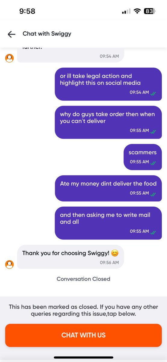 UTKARSH_KASHYAP's tweet photo. @Swiggy @SwiggyCares Scammer swiggy hs introducd a bot 2 nt refund money for undelivered order on which they charge platform fee &amp; taxes on undeliverd order.Their Customer care closed chat without resolution.Their refund will take 8 days bt they wnt instant money for orders. https://t.co/JDbe5Eg2z8