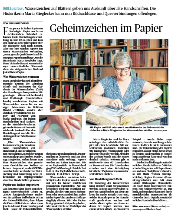 Byzanzforscher's tweet photo. Artikel in der heutigen Wissenschaftsbeilage @DiePressecom über unsere @imafo_oeaw Kollegin Maria Stieglecker und die spannenden Forschungen zu #Wasserzeichen im mittelalterlichen Papier im Rahmen der Abteilung Schrift- und Buchwesen (#SBW) an @oeaw :) https://t.co/91xK4Px3gP