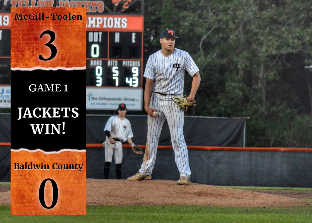 Jackets win Game 1 of doubleheader to clinch series over Baldwin County. 

M. Adam’s  3 IP, 3H, 0R, 1K = W
C. Patrick. 4 IP, 3H, 0R, 6K’s = SV

C. Patrick  1-1   1 RBI
Cn. Tover   1-1   1 RBI
J. Lenaghan  1-3  1 RBI 
Hilpert, Gonzales, Huff and Porter 1 H each.