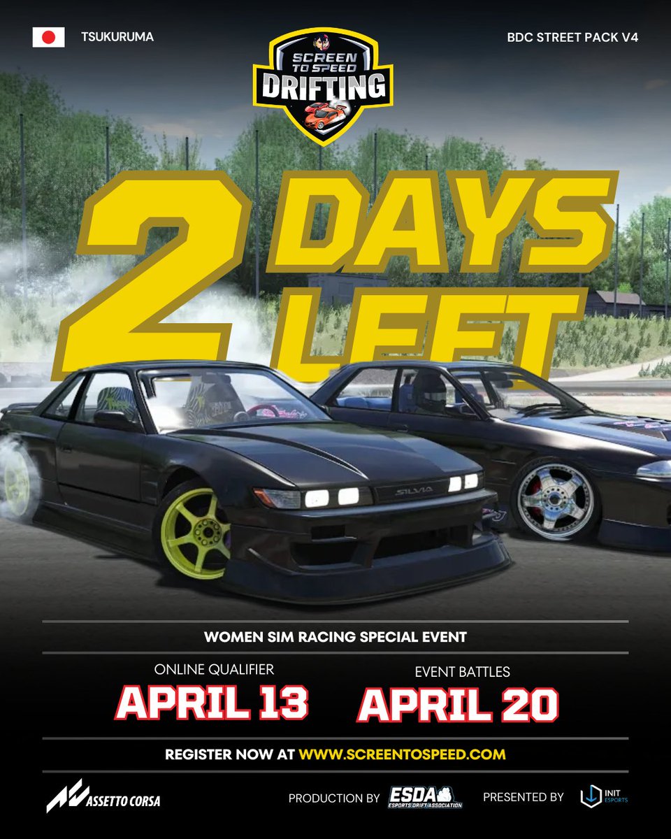 init_esports's tweet photo. 🚨 2 Days Left! 🚨
The Screen to Speed Drifting Qualifiers go down this weekend! 🔥
Gear up for the slide—who’s ready to drift their way to the top? 🏁💨
#INITTalks #SimRacing #Gaming #Motorsports https://t.co/lQ2qC0jlsc