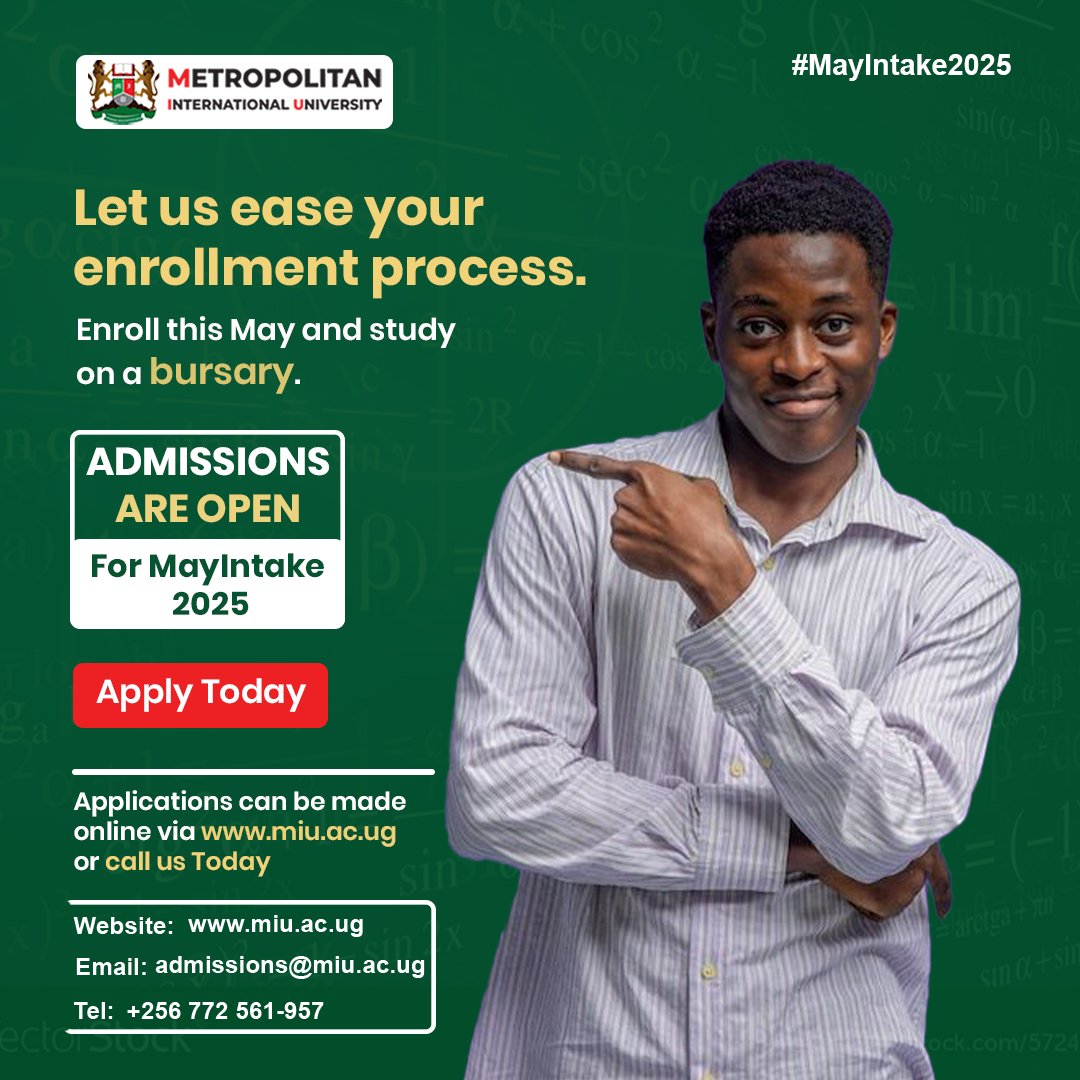 MIU_Uganda's tweet photo. Looking for the best university to join this May?
Look no further  @MIU_Uganda  is here with top-notch academic programs tailored to match your dream career!  Apply today and stand a chance to win a bursary!

#JoinMIU #MayIntake #StudyAtMIU #ScholarshipOpportunity #DreamBig https://t.co/8Pp3ahVgp0