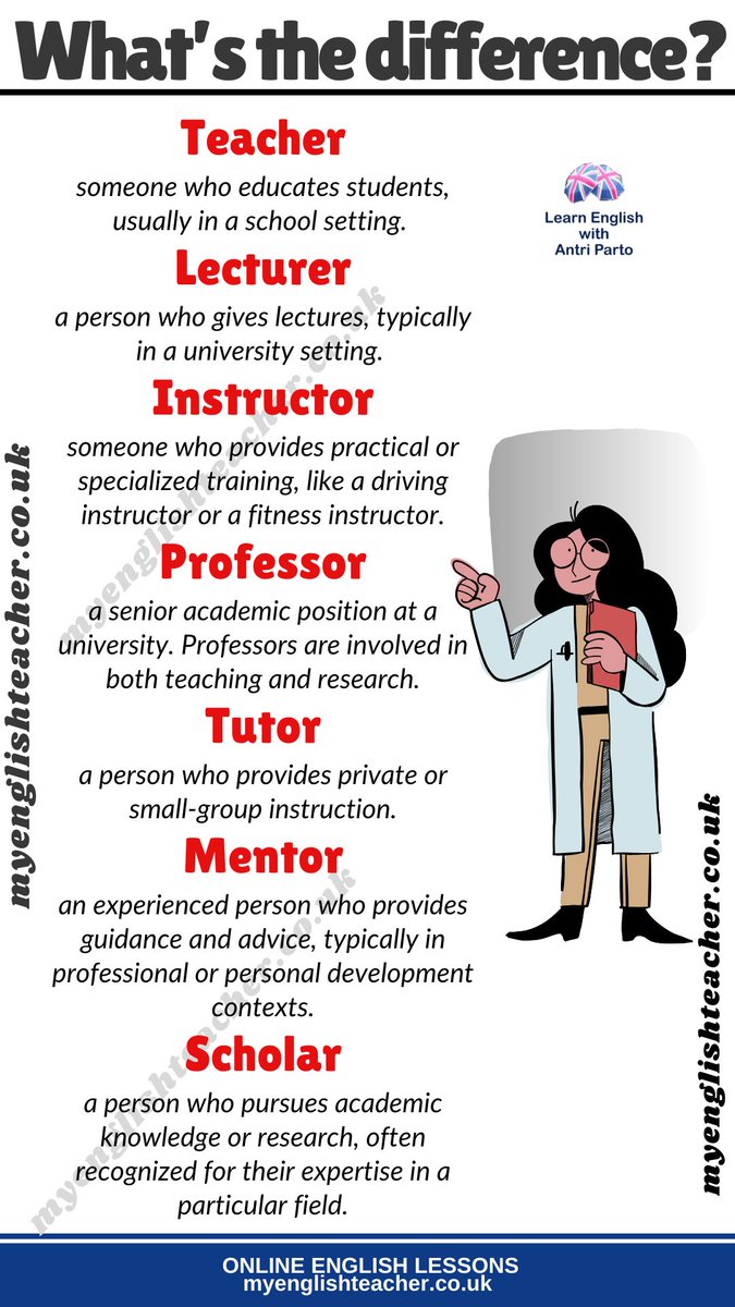 MyLinguaAcademy's tweet photo. Learn about the difference between teacher, lecturer, instructor, professor, tutor, mentor, scholar
https://t.co/EjgIM7H8vW https://t.co/xpRSLDodI3
