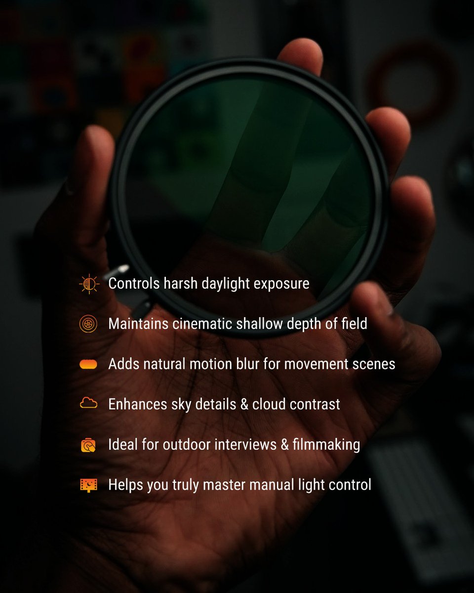 SunrisingCine's tweet image. Ever seen perfectly exposed skies, smooth background blur, and balanced light — even in bright sun? That’s the ND Filter effect 🎥

#RiseToShow #NDFilter #FilmmakingBasics #SunrisingCinevisionAcademy #CinematographyTools #VisualStorytelling #CameraGearTips