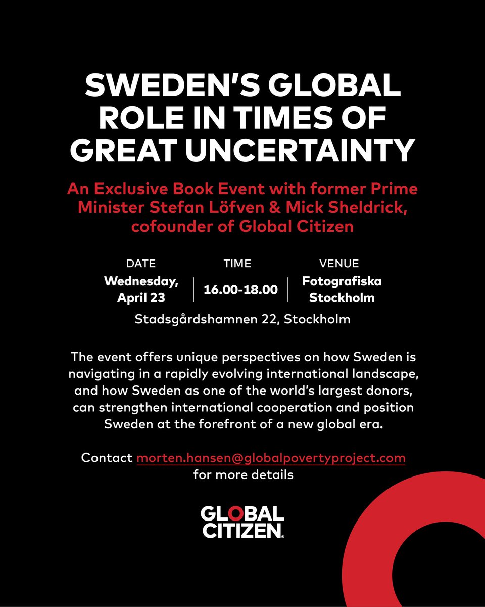mortenemil's tweet photo. Calling Sweden 🇸🇪 hope to see you on April 23, 16:00-18:00 at Fotografiska in Stockholm for the joint book event between former Prime Minister Stefan Lofven &amp; Mick Sheldrick, cofounder of Global Citizen https://t.co/u3FPjV9qYZ