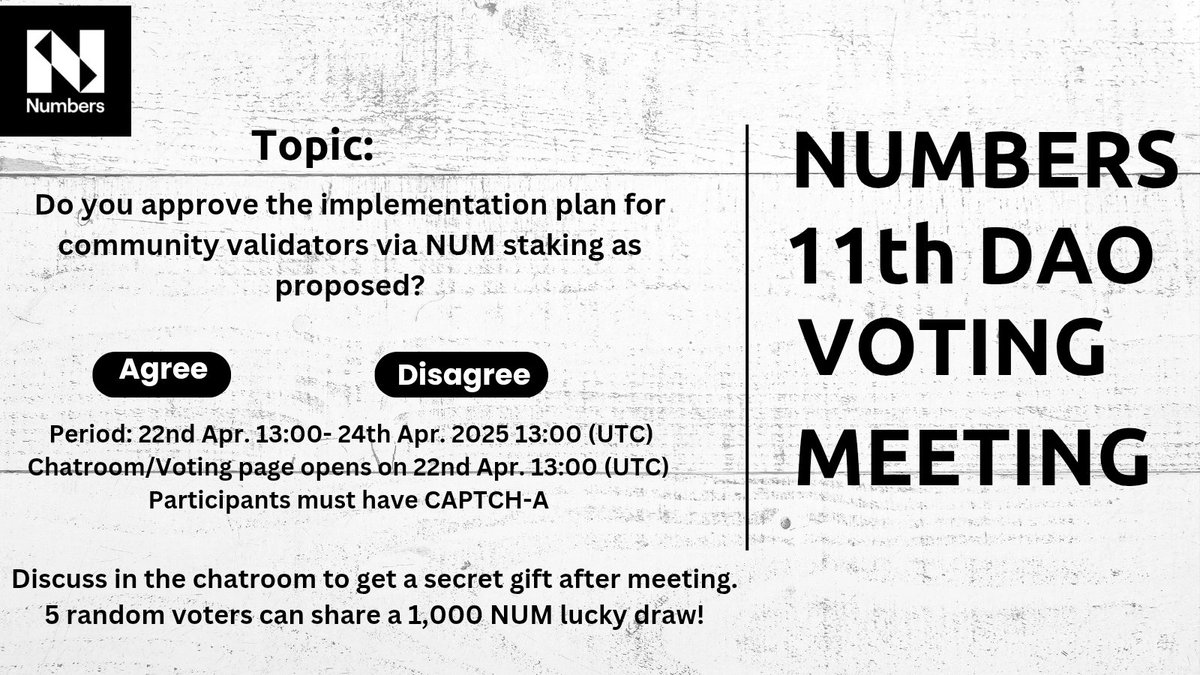 bayana152's tweet photo. Don't miss the 11th Numbers DAO voting which is coming soon!
Voting Page opens: 22nd Apr 13:00 - 24th Apr 2025 13:00 (UTC)
Rundown of the Topic: https://t.co/verwbxwy23
• Discuss in the meeting to get a gift!
• 5 random voters share 1K $NUM lucky draw
#NUM #NumbersDAO #Web3 https://t.co/tYeHCwqjYP