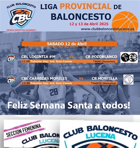 cbcdelucena's tweet photo. ... Nueva jornada, en total dos encuentros durante este fin de semana.

... Los dos el sábado 12 en el pabellón A.Ruiz Canela de Lucena. 
🏀🏀
... Os esperamos para pasar una estupendísima jornada de baloncesto 🏆
Suerte a todos nuestros equipos! 
 🏀🏀 https://t.co/4LGXEgc2om