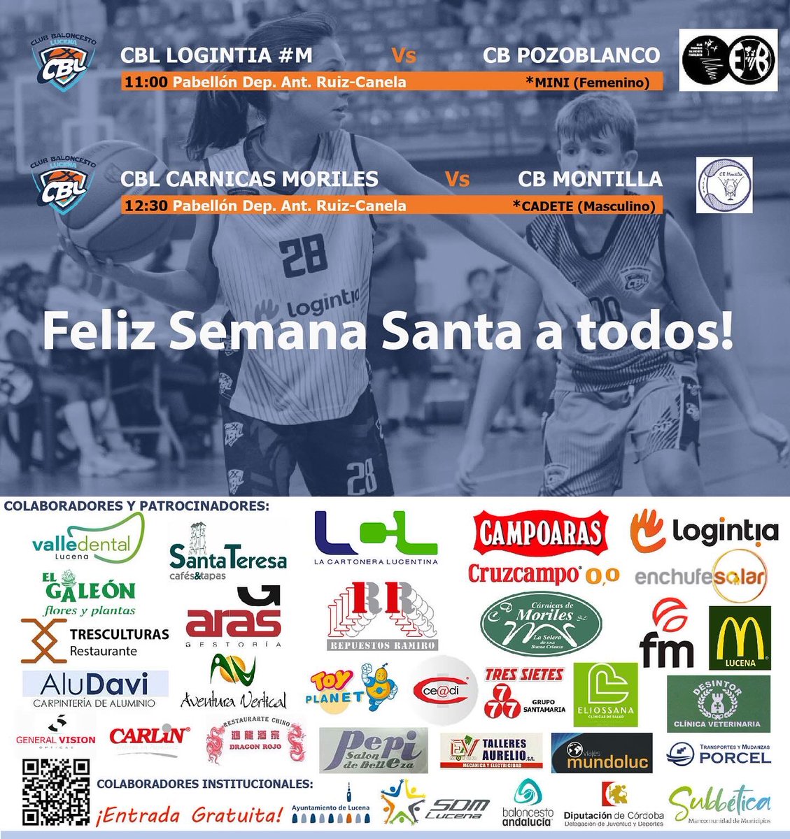 ... Nueva jornada, en total dos encuentros durante este fin de semana.

... Los dos el sábado 12 en el pabellón A.Ruiz Canela de Lucena. 
🏀🏀
... Os esperamos para pasar una estupendísima jornada de baloncesto 🏆
Suerte a todos nuestros equipos! 
 🏀🏀