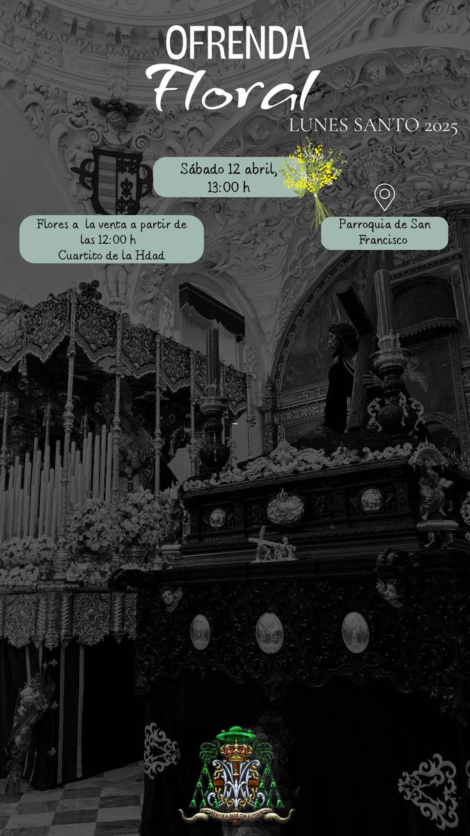 OFRENDA FLORAL A NUESTROS TITULARES PARA EL LUNES SANTO 2025

📅 Hoy, 12 de abril.
🕐 A las 13:00 horas.
📍 Parroquia de San Francisco.
💐 Se podrán adquirir a partir de las 12:00 h.

Se podrá colaborar a través del BIZUM con el código 00393.

#PazyBien