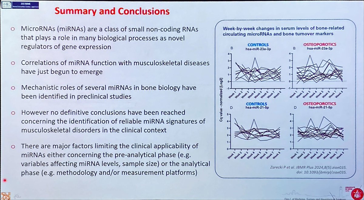 Excelent review from Dr Gennari about miRNA at  #WCO2025 #Osteocongress. 
From synthesis to regulation of gene expression. 
They have been associated with: 
- osteopororosis
- fracture
- response to antiOP drugs
- Paget disease, SQSTM1 positive
- however large variability