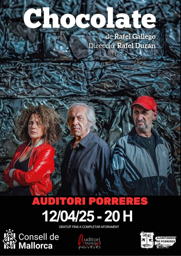 Avui, a l'#AuditoriMunicipalde <a href="/AjuntPorreres/">Ajuntament de Porreres</a>, #Chocolate, obra de Rafel Gallego que dramatitza i explora les diverses teories sobre la mort prematura d'aquesta figura singular en la vida bohèmia dels anys 70 a Mallorca. <a href="/ElSomni/">El Somni Produccions</a> 20 hores. Gratuït. artsmallorca.com/ca/esdevenimen…