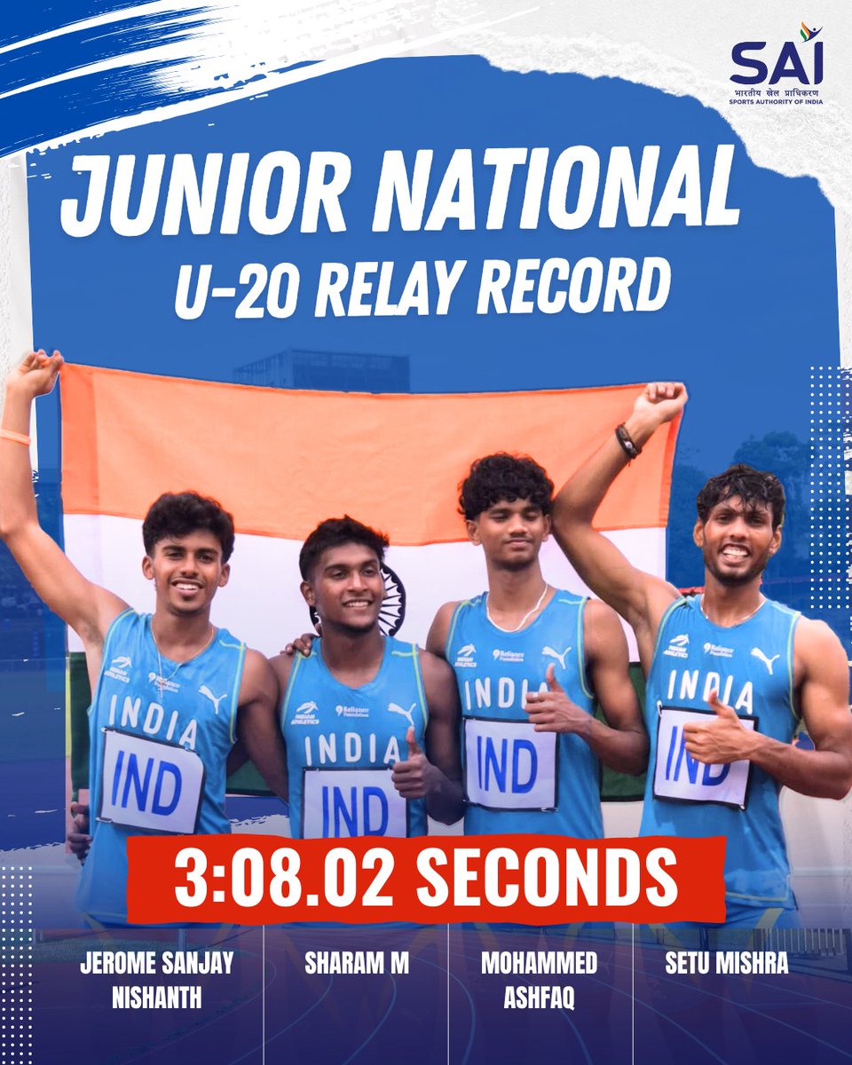 Media_SAI's tweet photo. New U-20 National Record Alert🚨
Bronze🥉for #TeamIndia at the International Relay Carnival in Colombo, Sri Lanka!
Big congrats to Jerome Sanjay Nishanth, Mohammed Ashfaq, and #NCOE Trivandrum athletes Sharan M & Setu Mishra for not only clinching the bronze medal but also setting a brand new U-20 national record in the process!
Well done, BOYS!💪
#Athletics #RelayCarnival #NationalRecord #IndianAthletics #IndiaOnTrack #U20Record
