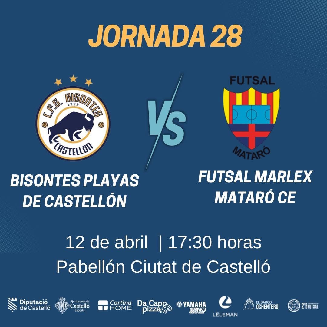 ¡DÍA DE PARTIDO! 💪🏻

BISONTES PLAYAS DE CASTELLÓN 
🆚
FUTSAL MARLEX MATARÓ CE

📆 SÁBADO 12 de abril 
⏰ 17:30 horas 
🏟️ Pabellón Ciutat de Castelló