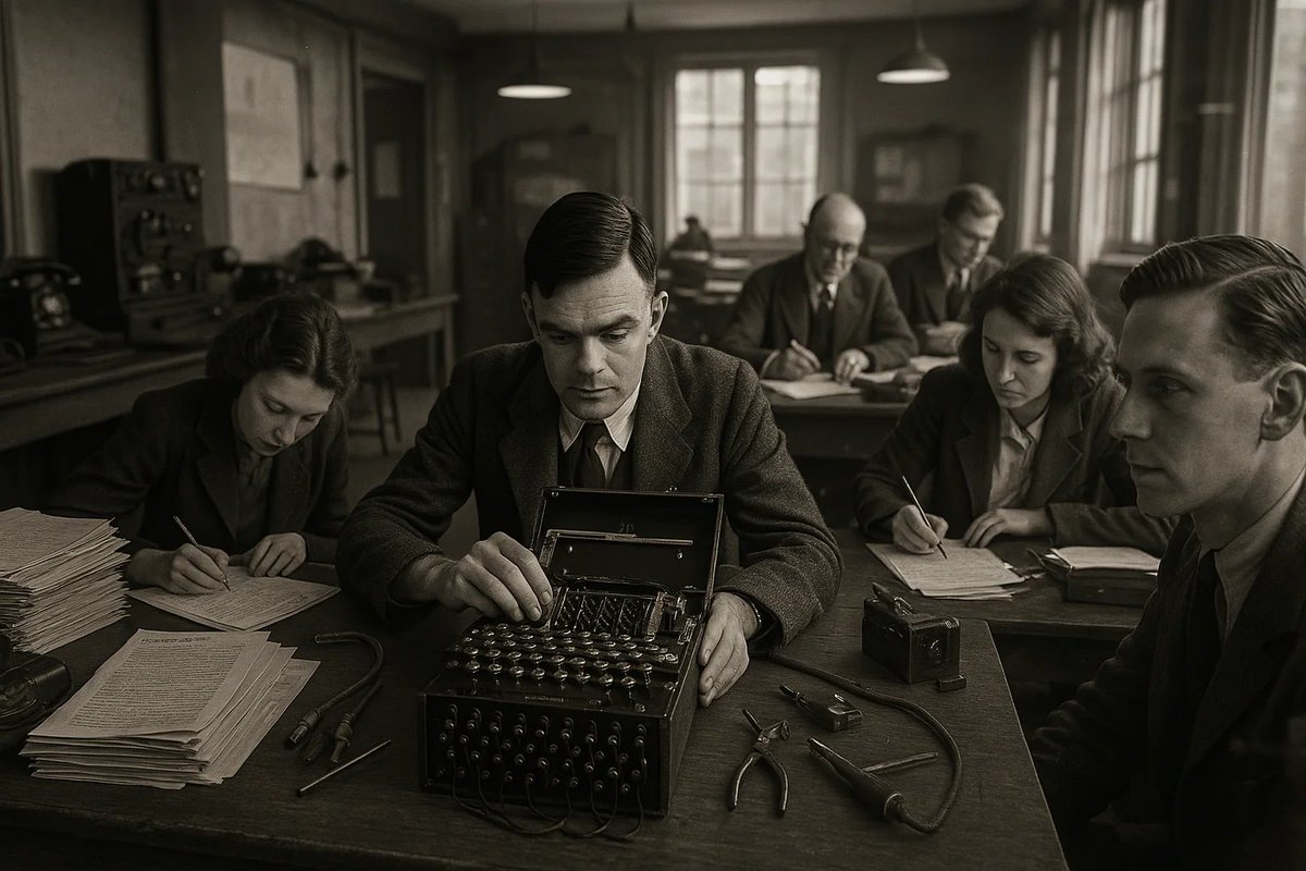cybercaronte's tweet image. Alan Turing y su equipo analizando una máquina Enigma en Bletchley Park (1938). #AlanTuring #IA #Sora