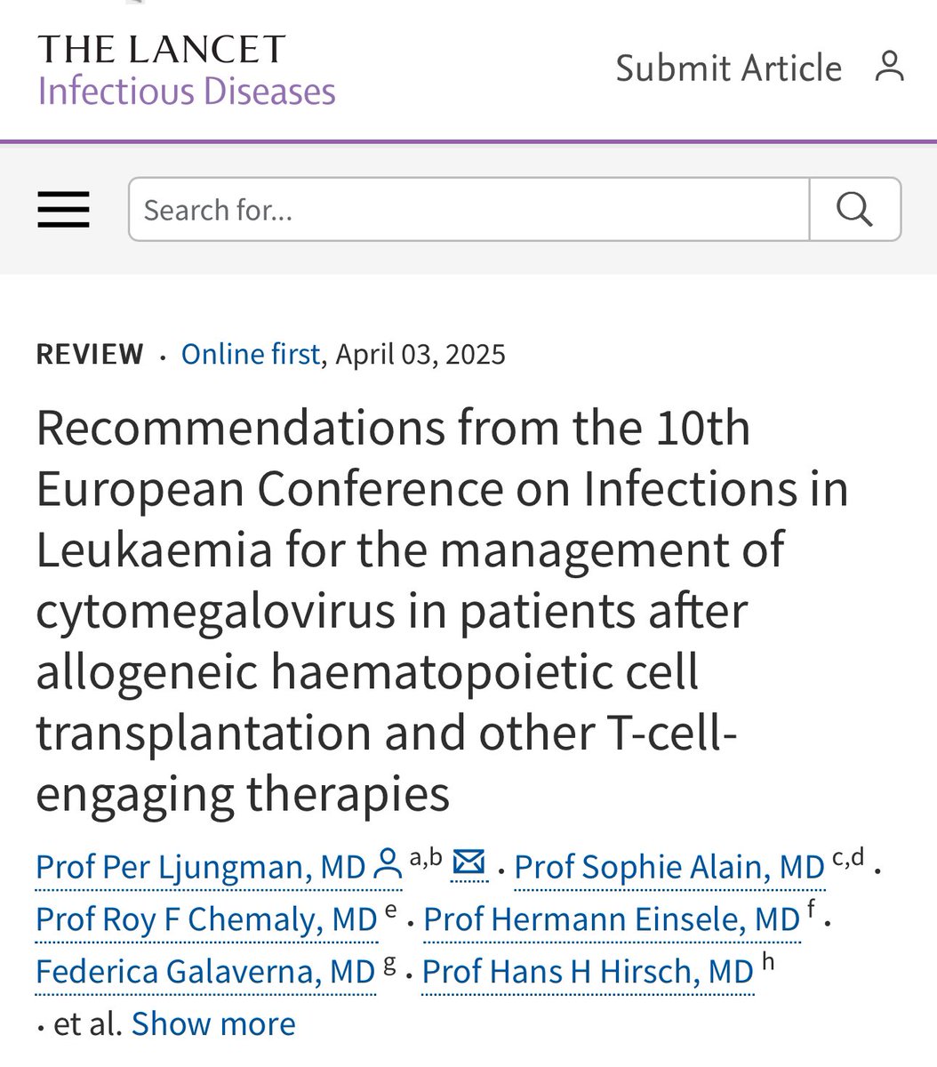 🚨 it’s out now 🚨 

Recommendations from the 10th European Conference on Infections in #Leukaemia for the management of #cytomegalovirus in patients after #HSCT and other T-cell-engaging therapies #ID 

thelancet.com/journals/lanin…