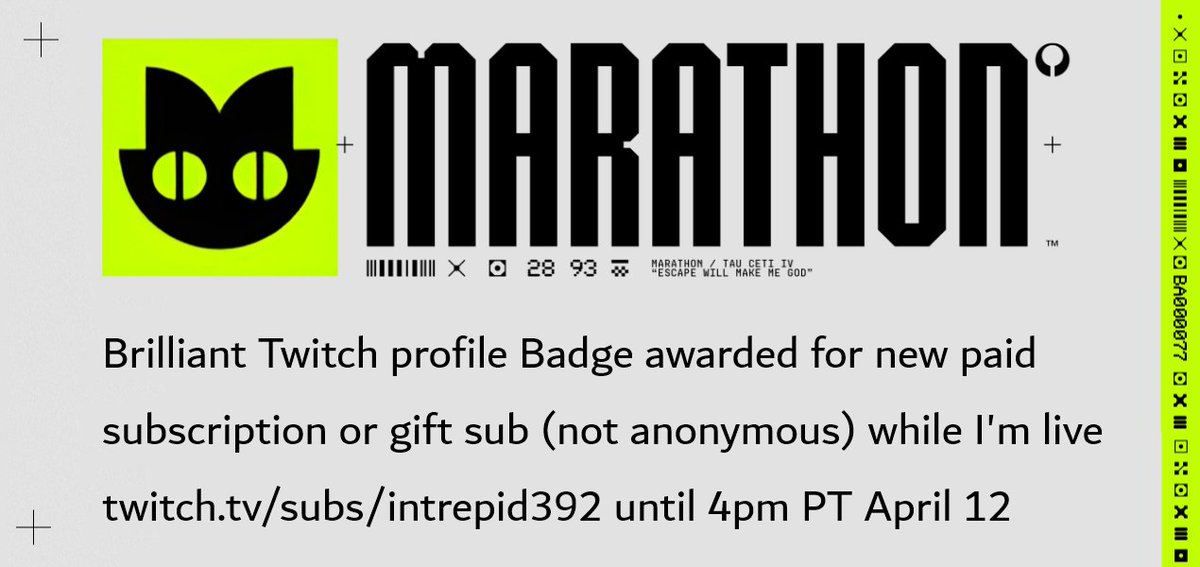 intrepid392's tweet photo. โ ๏ธ๐ป New Marathon themed Twitch Profile badge is available for a limited time! ๐ฃ Get it now while I'm live streaming to cover the #MarathonReveal
Link in comments & bio.
#MarathonCreator #MarathonStream https://t.co/4ATiAr3YCx