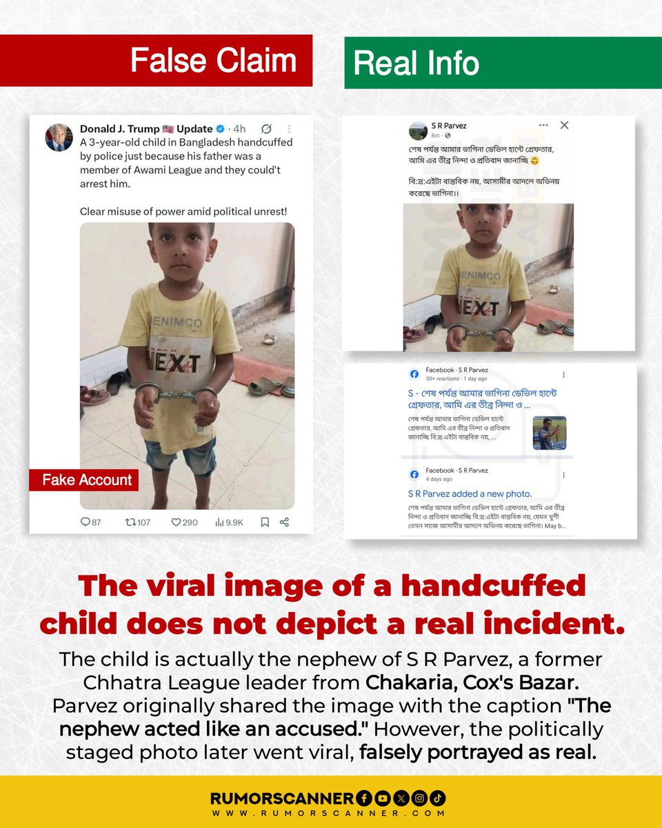 RumorScanner's tweet image. The viral image of the handcuffed child is not real — it’s a staged photograph.