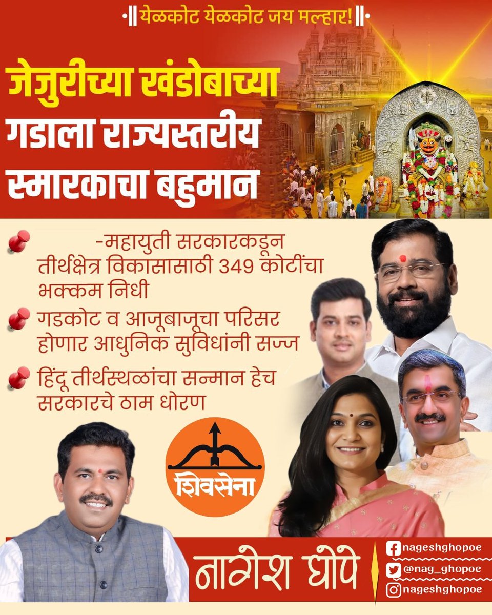 Nag_Ghope's tweet photo. खंडोबाच्या जेजुरी गडाला महायुती सरकारने राज्यस्तरीय स्मारकाचा दर्जा बहाल केला. आता ३४९ कोटी रुपयांच्या निधीतून मंदिरासह गडकोट सुविधांनी सुसज्ज होणार आहे.  
#KhandobaTemple #JejuriFort  #MahayutiGovernment  #EknathShinde 
@Shivsenaofc @mieknathshinde  @GawaliBhavana @DrSEShinde https://t.co/eijF5LMLak