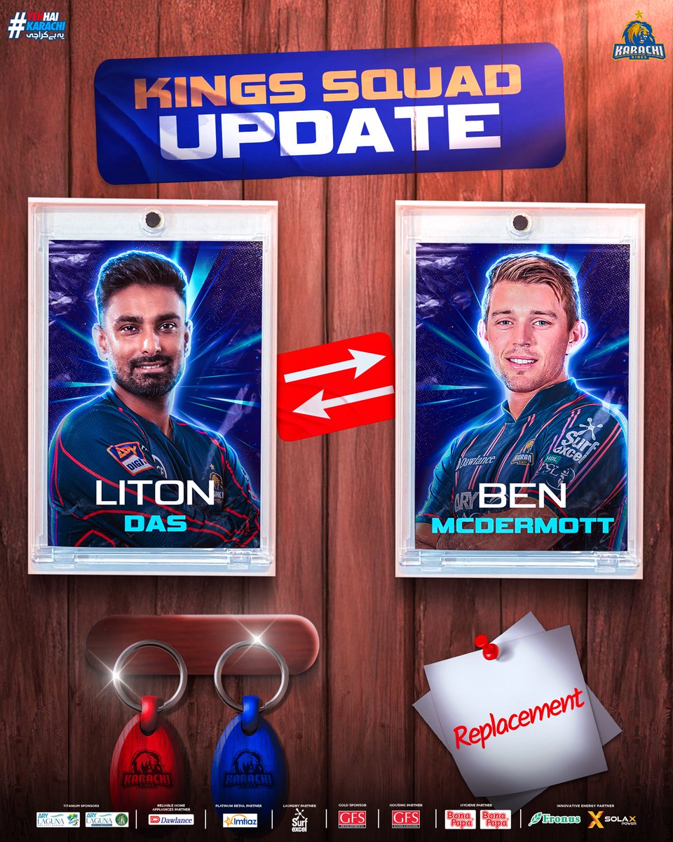 KarachiKingsARY's tweet photo. Squad update! 🔄 

The 🇦🇺 powerhouse Ben McDermott joins Karachi Kings as a replacement for Litton Das in the #KingsSquad 💙❤️

#YehHaiKarachi | #KarachiKings https://t.co/z1SCYudgl5
