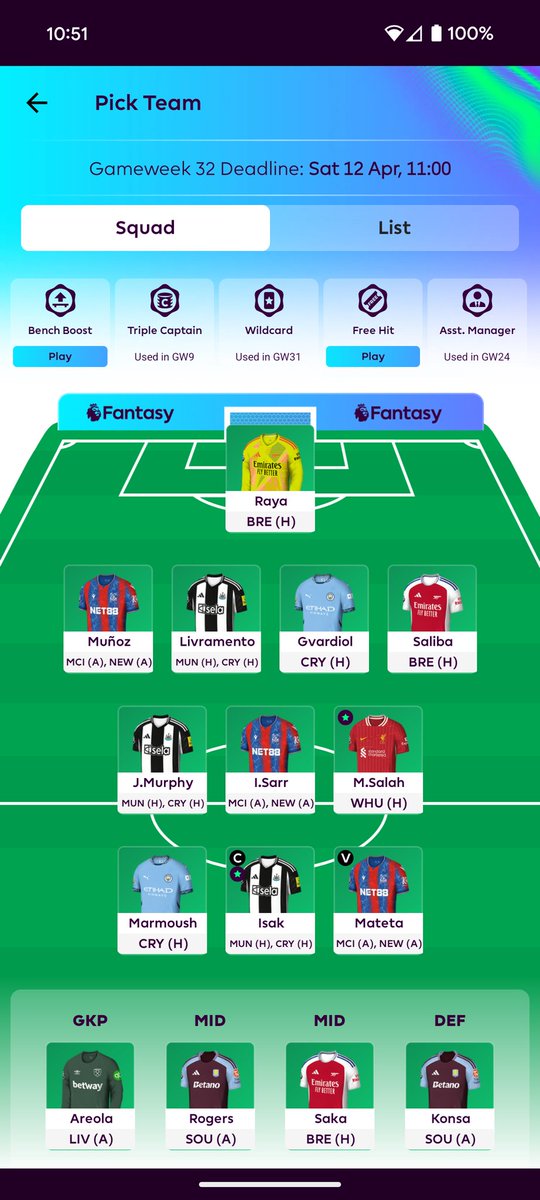 DGW32🔒
🌍1M
Isak(C)
Benching Rogers and saka due to starting doubts 🤷
#fpl #fantasyfootball
