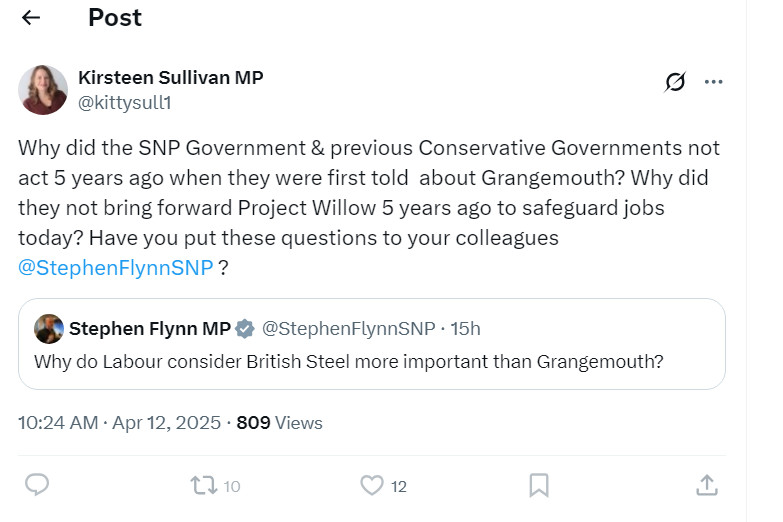 It's as if there's been an edict handed out to the British Labour MPs in Scotland. "Divert from Scunthorpe, blame the SNP for Grangemouth". If you're wondering why this is a screen shot Kirsteen Sullivan has blocked me for some reason.