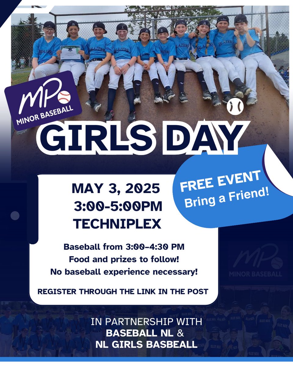 🚨Calling all girls🚨
MP Baseball is having our third annual Girls Baseball session. This is a free event open to all girls who play baseball or for those that want to try it and see how fun it is. Register and Share the link with friends as all welcome. 

forms.gle/FjqhrxBCr55yvi…