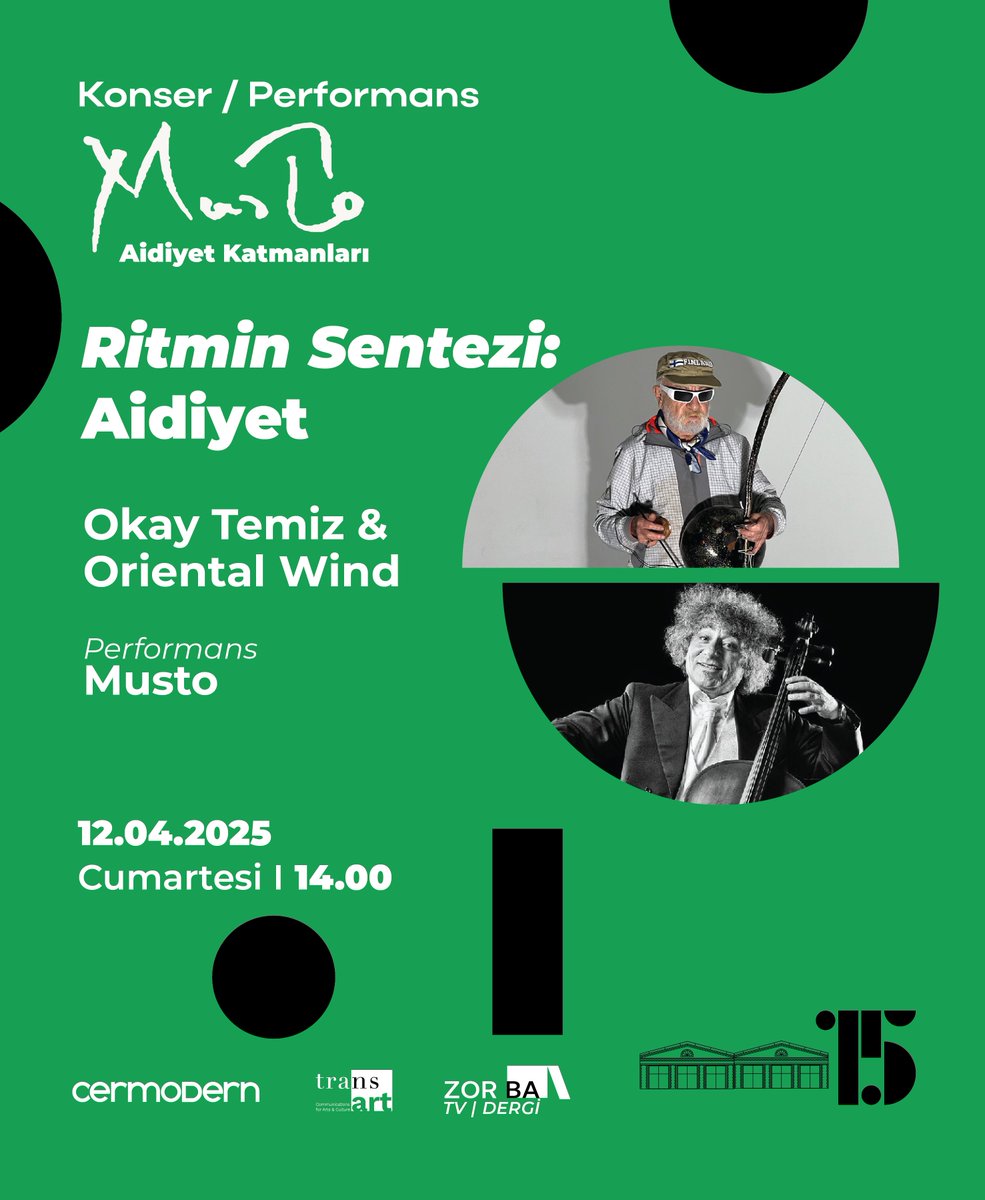 Konser / Performans
Ritmin Sentezi: Aidiyet
Okay Temiz &amp; Oriental Wind

*Etkinlik ücretsizdir.

“Aidiyet Katmanları ” sergisi kapsamında bugün  saat 14.00 de Cermodern’de Ritmin Sentezi: Aidiyet adlı caz konseri ve performans gerçekleştirilecek.