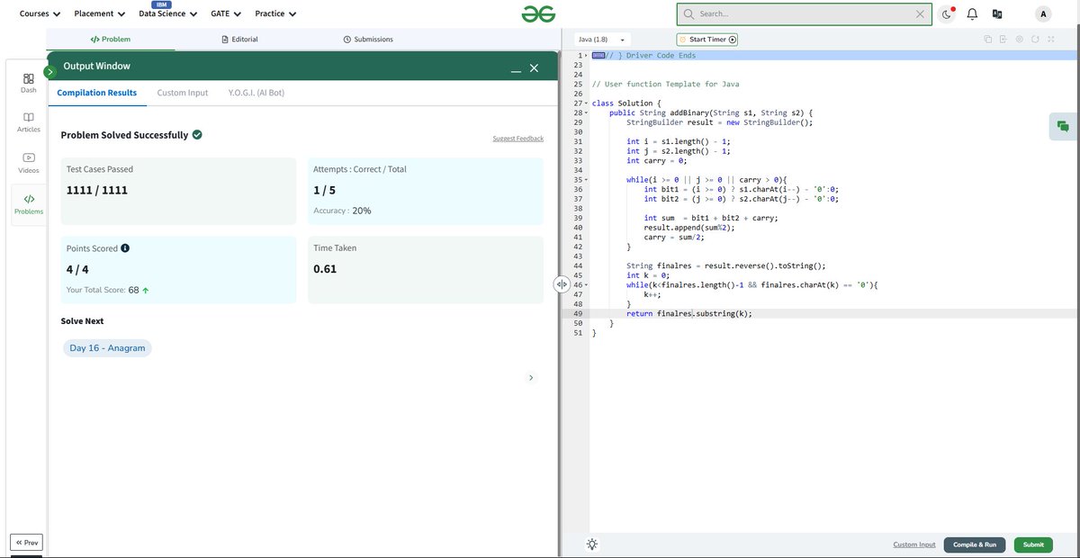 AnuragST1310's tweet photo. Day 15 | #gfg160   
"Add Binary Strings" today! 
#geekstreak2025 #DSA #ProblemSolving @geeksforgeeks #StringHandling https://t.co/D68hJ2UHcX