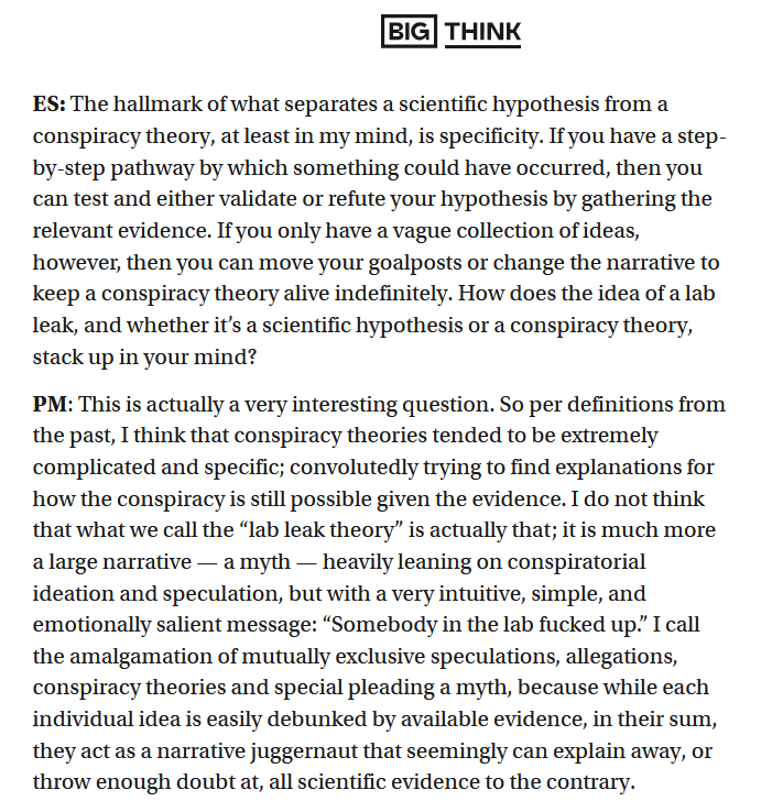 The so-called "lab leak theory" is neither a scientific theory nor a conspiracy theory.

It is an emotional narrative - a myth - heavily soaked with handwaving ignorance, conspiratorial ideation, magical thinking, allegations, speculations and silly ideas.