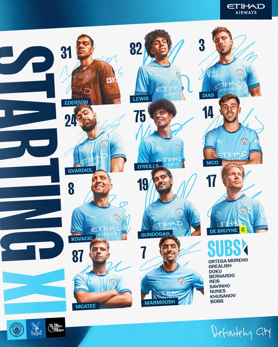 Manchester City (@mancity) on Twitter photo Lining up this afternoon! 💪🩵
XI | Ederson, Lewis, Dias, Gvardiol, O’Reilly, Nico, Kovacic, Gundogan, De Bruyne (C), McAtee, Marmoush
SUBS | Ortega Moreno, Grealish, Doku, Bernardo, Reis, Savinho, Nunes, Khusanov, Bobb
#ManCity | <a href="/etihad/">Etihad Airways</a> Lining up this afternoon! 💪🩵
XI | Ederson, Lewis, Dias, Gvardiol, O’Reilly, Nico, Kovacic, Gundogan, De Bruyne (C), McAtee, Marmoush
SUBS | Ortega Moreno, Grealish, Doku, Bernardo, Reis, Savinho, Nunes, Khusanov, Bobb
#ManCity | <a href="/etihad/">Etihad Airways</a>