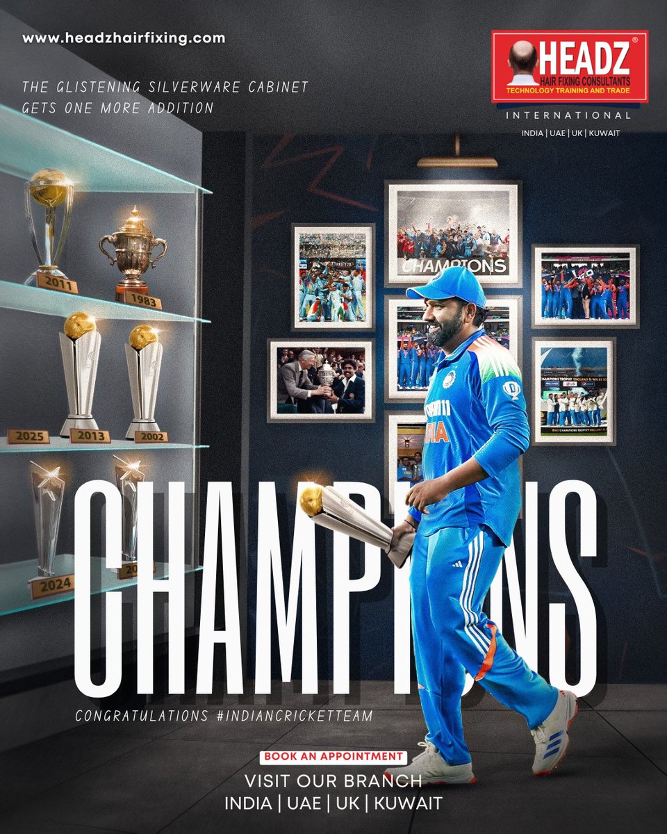 HeadzHairfixing's tweet photo. 🏆 CHAMPIONS! 🏏 The glistening silverware cabinet gets one more addition! 🇮🇳🔥
Congratulations #IndianCricketTeam for making history! 💙💪
#Champions #CricketGlory #TeamIndia #HeadzHairFixing https://t.co/YEzfILWIY5