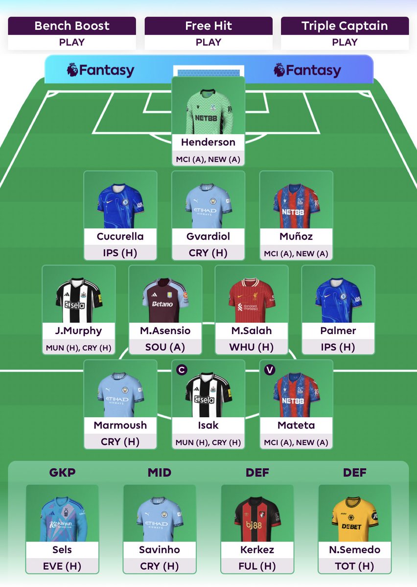How we Enter #GW32🔐

1FT:White👉Asensio 

Palmer✅
Salah✅
Mateta✅
Murphy✅
©️Isak

🏦ITB:£1.9M
🌍OR:1.1M

#FPLCommunity 
#FPL