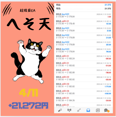 ⚡オリジナルEA⚡️
FX自動売買システム【へそ天】

収支報告(0.01ロット)

4/11
＋21,272円

・3つのエントリーロジックを搭載
・急変動対応の特殊フィルター
・日付停止機能（ゴトー日も停止可能）

受取はこちらから（参加者３８０名オプチャへ）
bit.ly/4fWXlRz

日経平均/株主優待
