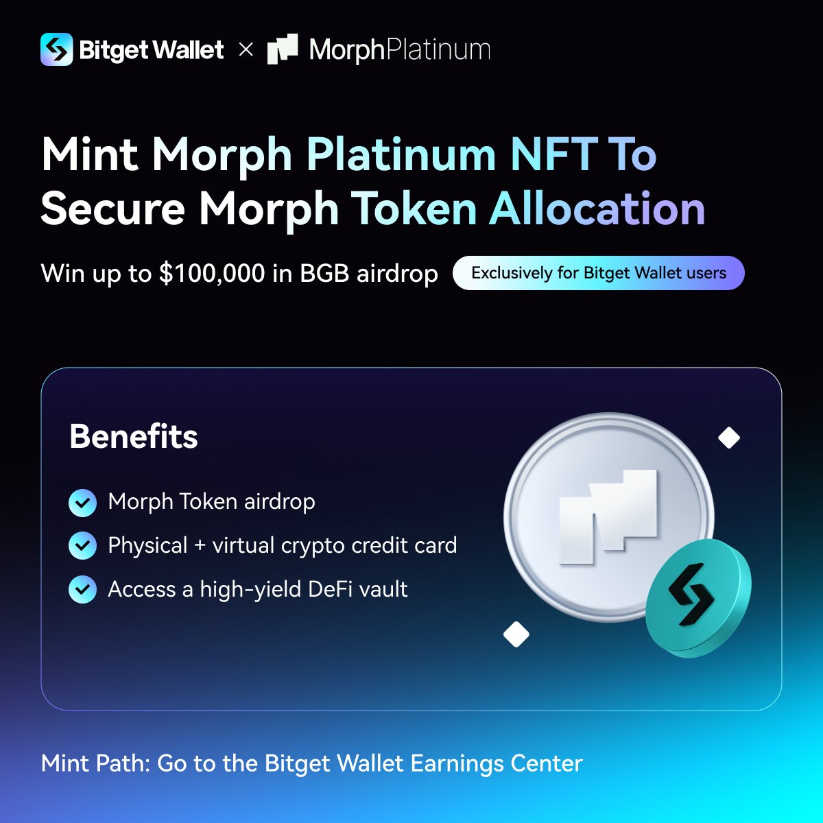 BitgetWallet's tweet photo. 🐨 Now is the time. Your chance to participate in a top-tier IEO event.

Mint the Morph Platinum SBT for @morphnetwork  Token airdrop. Mint via #BitgetWallet for a chance to share a $100,000 $BGB reward pool.

NFT Exclusive Benefits: 
🔹 Morph Token Airdrop: Total FDV $500M, 50% released at TGE 
🔹Physical + Virtual Card Perks: 1-year Black Card, VIP lounges, 5-star hotels & more
🔹All-in-One DeFi Yield Services

Morph Platinum SBT Mint Details:
▪️ Mint Price: 0.3 ETH 
▪️ Network: Ethereum 
▪️ Total Supply: 10,000 
▪️ Type: SBT (Non-transferable, Non-stakeable) 
▪️ Per Address Limit: 1 card, up to 100 SBTs
📅 April 11, 20:00 (UTC+8)

How to Join:
1⃣ Download Bitget Wallet
2⃣ Go to “Earn Center” in the Bitget Wallet App
3⃣️Join the Morph event

Invite friends and get more rewards together!