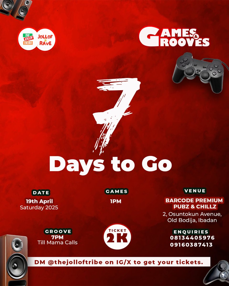 TheJollofTribe's tweet photo. It’s A Perfect Time to get your Tickets 

Countdown 7 days to go. Let’s Go!!!! 

Get your tickets now!!!

Tickets available for Just 2k 

Get your Tickets Now - 
https://t.co/RXFyed2WSl

Follow us on instagram @thejolloftribe for more.

#Jolloftribe #gamesandgrooves #ibadanevent https://t.co/XTCVnaxfg4