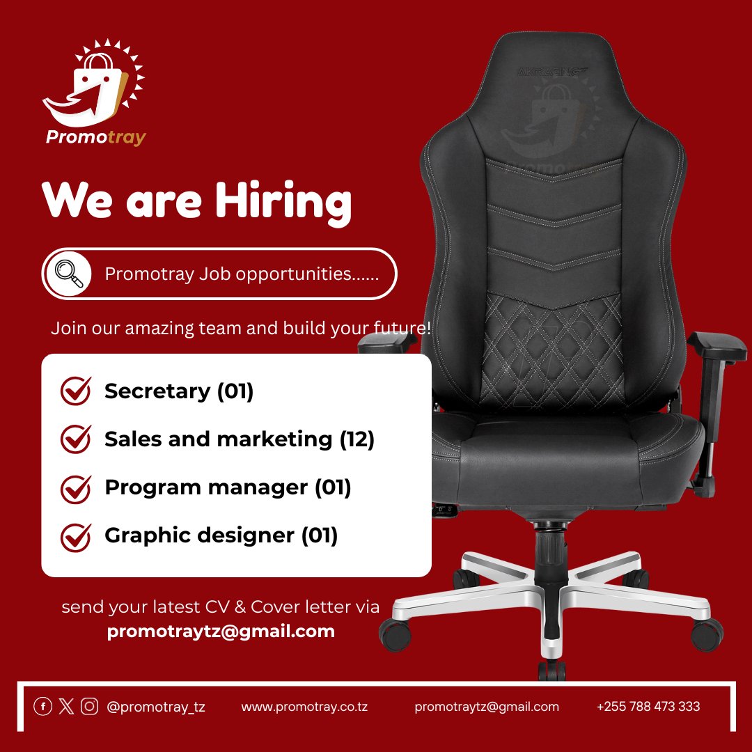 Join our amazing team and build your future with Promotray.

Send your latest CV &amp; Cover letter via promotraytz@gmail.com

#PromoTray #MakeItReal.