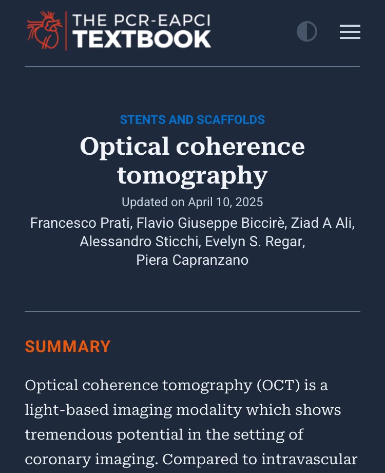 Alessandro Sticchi (@sticchi_alex) on Twitter photo The new updated #OCT chapter of the #EAPCI - <a href="/PCRonline/">PCRonline 🫀</a> textbook is out!! 🚀
A huge pleasure and honor to participate to this manuscript with an amazing group of authors <a href="/per_contro/">Centro per la Lotta contro l'Infarto</a> <a href="/FBiccire/">Flavio Biccirè</a> <a href="/ziadalinyc/">Ziad Ali</a> E. Regar <a href="/PCapranzano/">Piera Capranzano</a> 🙏🏻
Enjoy it! Have a look:
textbooks.pcronline.com/the-pcr-eapci-… The new updated #OCT chapter of the #EAPCI - <a href="/PCRonline/">PCRonline 🫀</a> textbook is out!! 🚀
A huge pleasure and honor to participate to this manuscript with an amazing group of authors <a href="/per_contro/">Centro per la Lotta contro l'Infarto</a> <a href="/FBiccire/">Flavio Biccirè</a> <a href="/ziadalinyc/">Ziad Ali</a> E. Regar <a href="/PCapranzano/">Piera Capranzano</a> 🙏🏻
Enjoy it! Have a look:
textbooks.pcronline.com/the-pcr-eapci-…