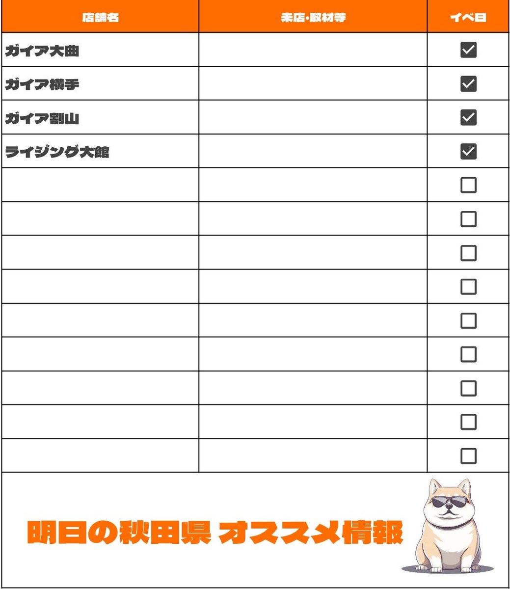 ✪ 4月13日 < 秋田県 >
━ 🎪EVENTS  ━━

❏ ガイア系列
└ 特定日
❏ ライジング大館
└ 特定日

※特定日は画像を参照