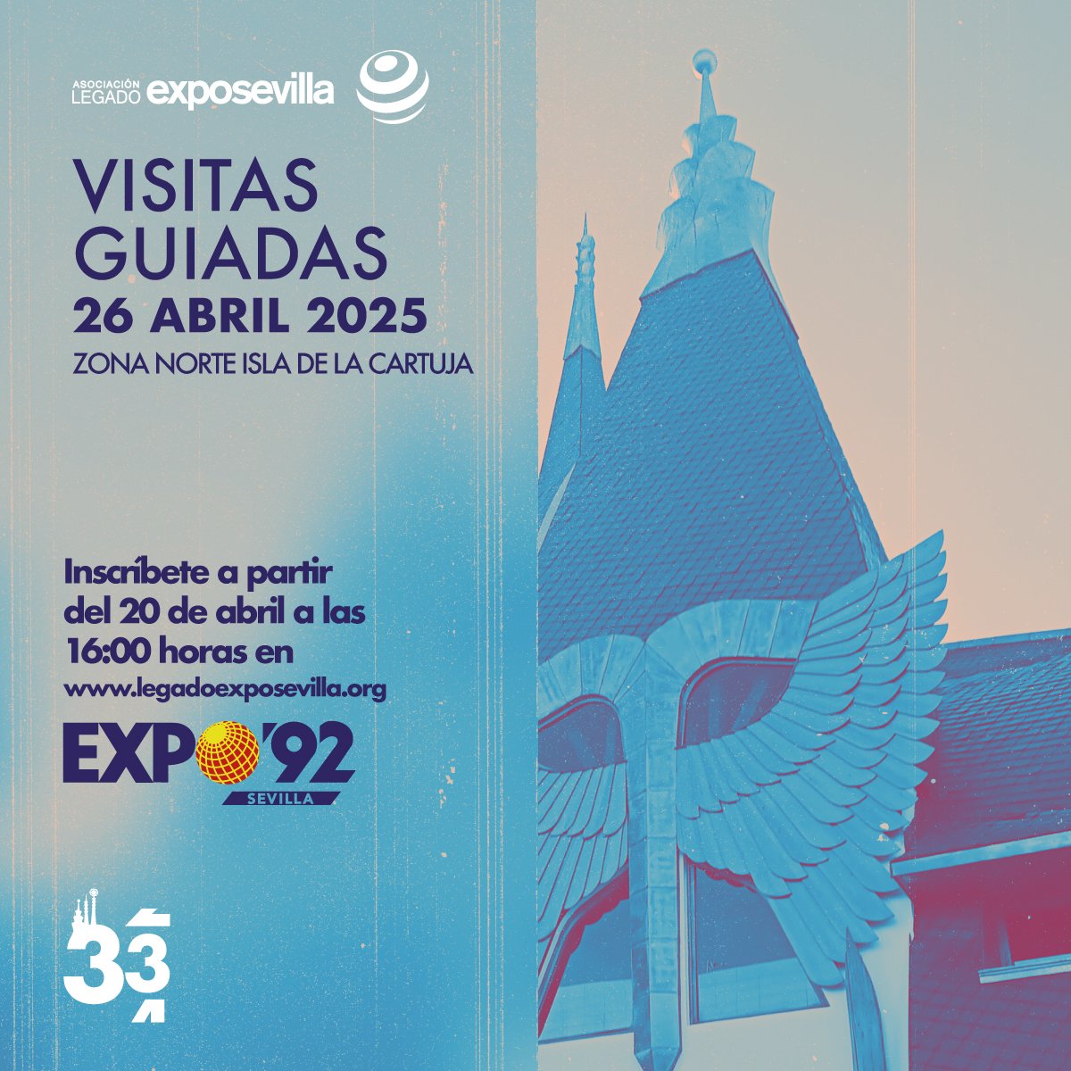 Te presentamos la fecha de nuestras próximas visitas guiadas por la Isla de la Cartuja, toma nota ✍️ Sábado 26 de Abril 2025 desde las 10h00, inscripciones desde el domingo 20/04/25 en legadoexposevilla.org 🔵🔴

¡¡Te esperamos!!

#33Expo92