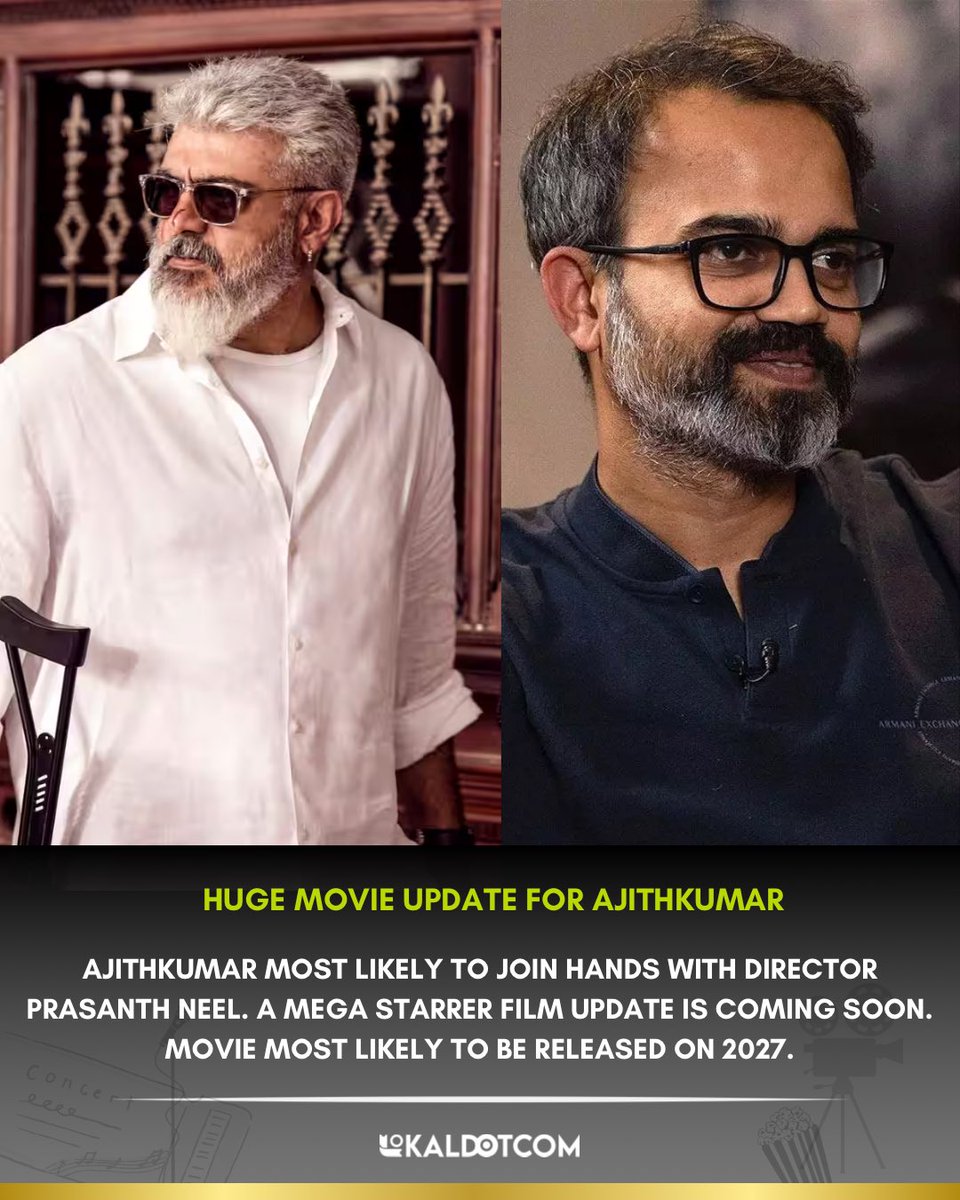 lokaldotcom's tweet photo. Ajithkumar Most Likely To Join Hands With Director Prasanth Neel. A Mega Starrer Film Update Is Coming Soon. Movie Most Likely To Be Released On 2027.

#KGF3 #GoodBadUgly #AjithKumar #NeelxAK #AK65

@Thalafansml https://t.co/vWGbuOAiYo